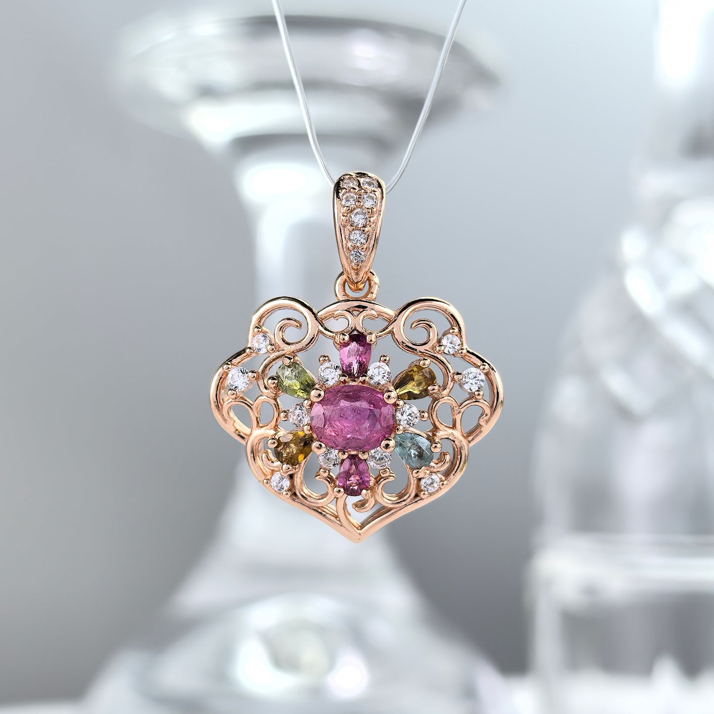 Delicate Rose Gold & Silver 925 Pendant Natural Tourmaline Flower Charm