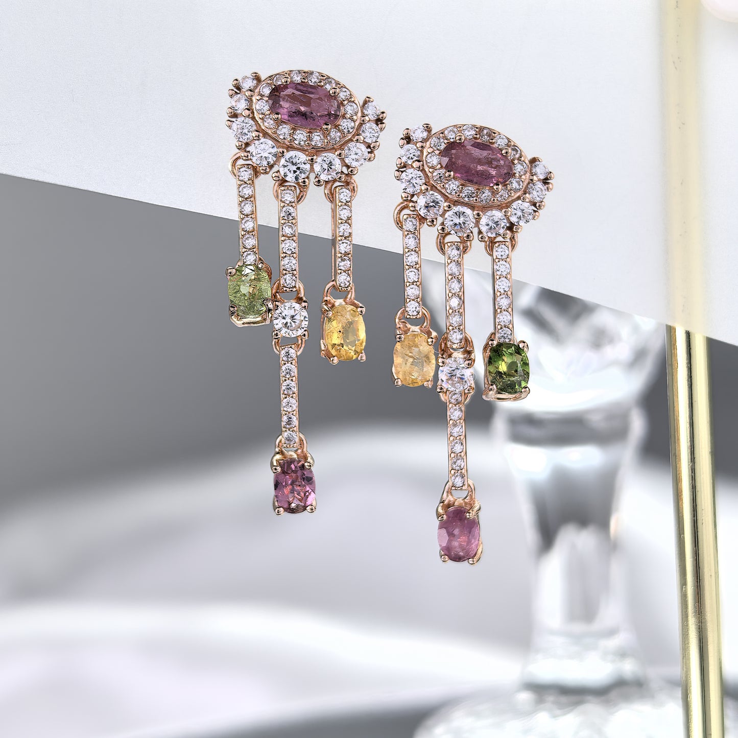 Rose Gold Plated S925 Silver Natural Tourmaline Evil's Eye Drop Earrings