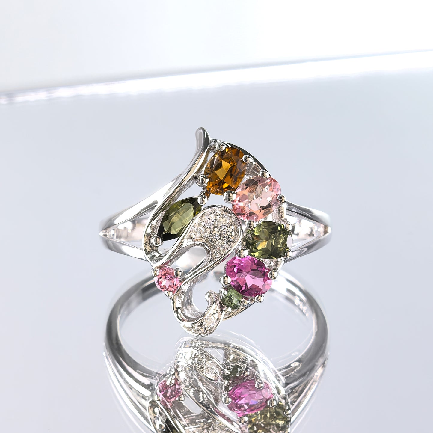 Elegant Rhodium Plated 925 Sterling Silver Natural Tourmaline Gemstone Ring