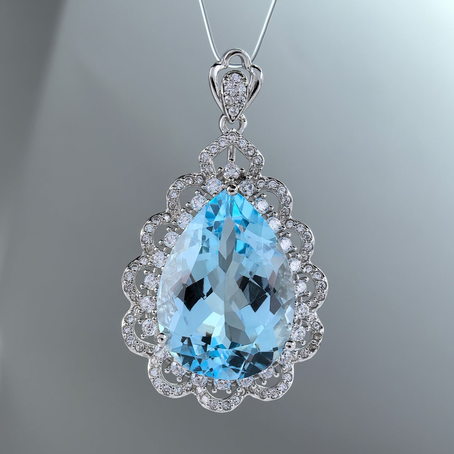 Classical Rhodium Plated 925 Sterling Silver Natural Sky Blue Topaz Pendant