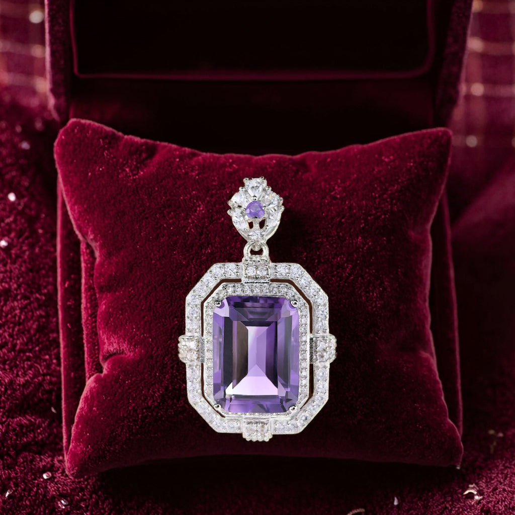 925 Silver Natural Amethyst Pendant Dazzling Rhodium Plated Emerald Cut