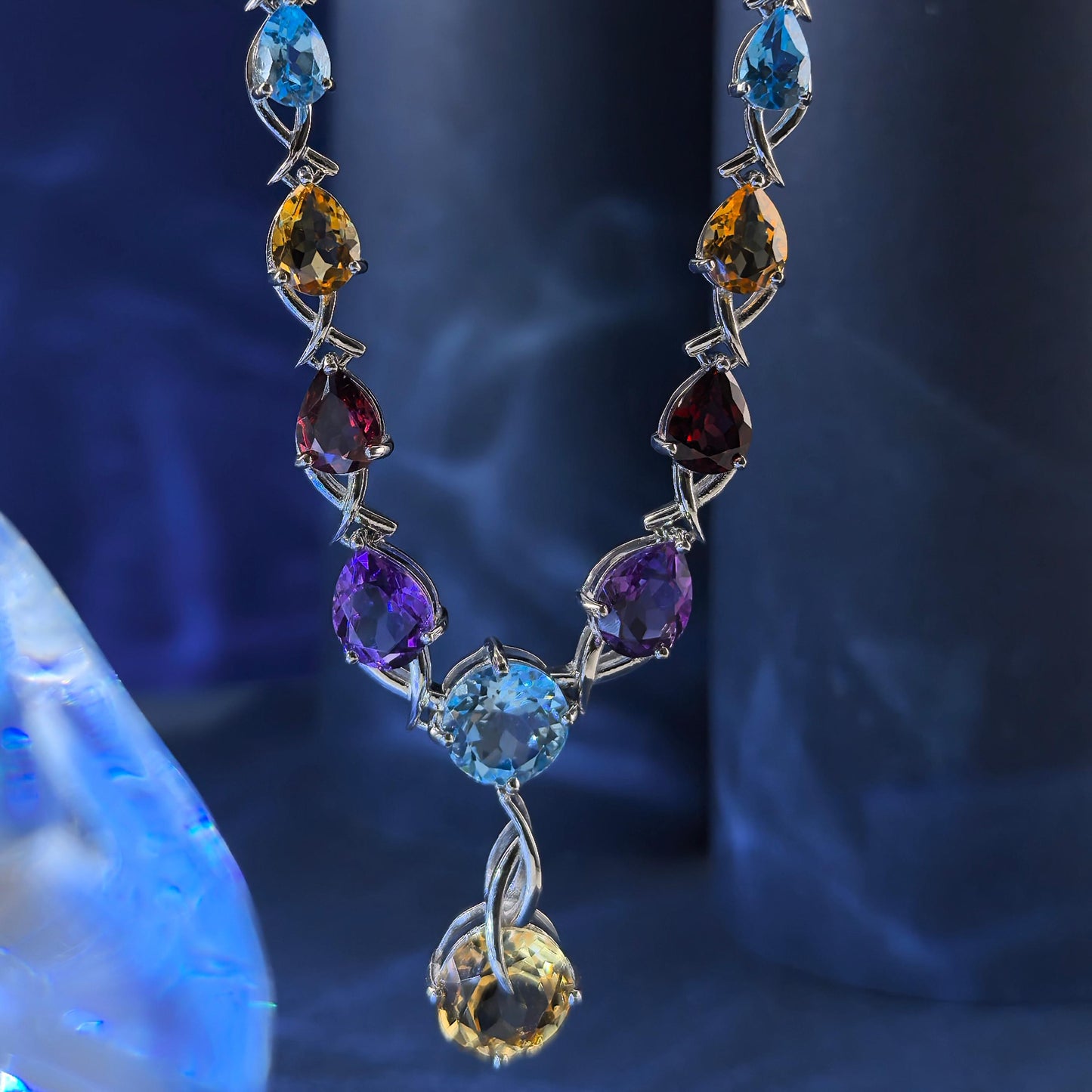 Luxurious Rhodium Plated Silver 925 Jewelry Multiple Natural Gemstone Necklace