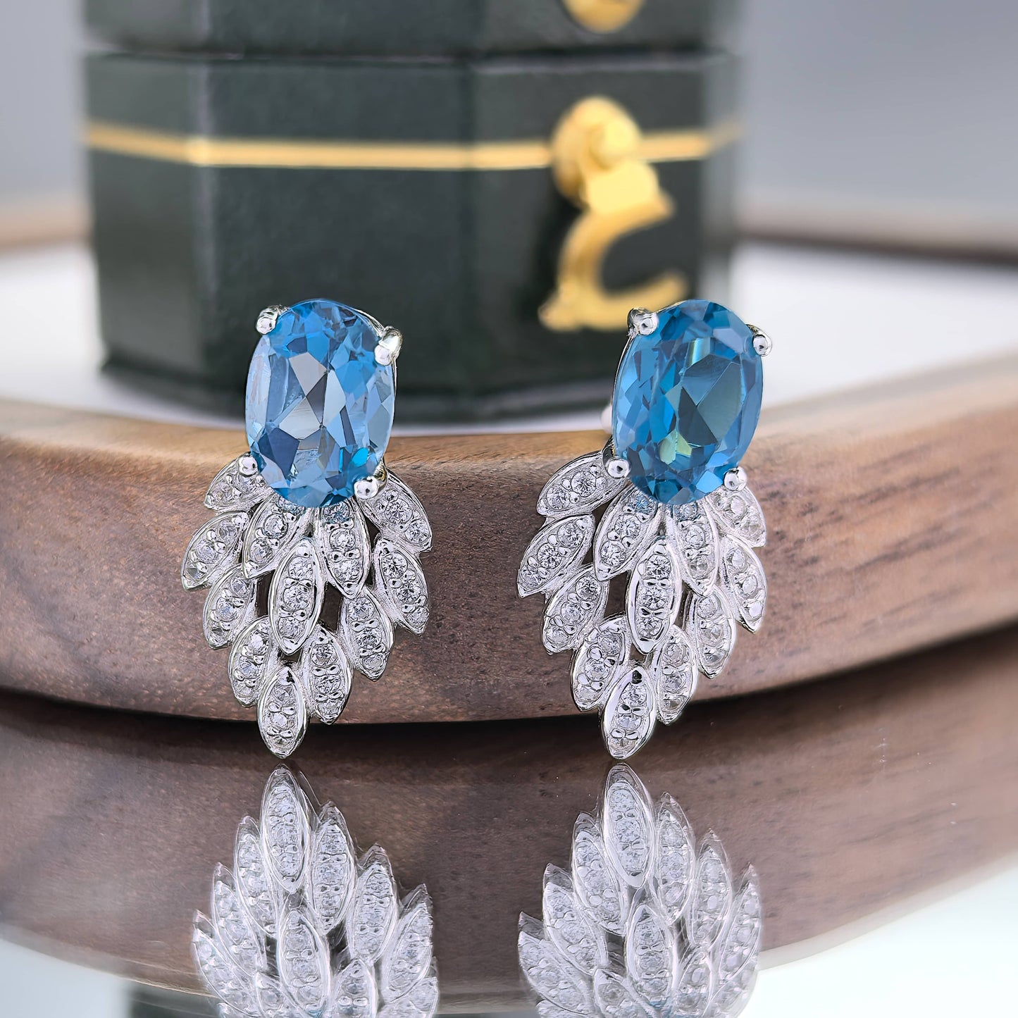 Gorgeous Rhodium Plated S925 Silver Natural London Blue Topaz Stud Earrings