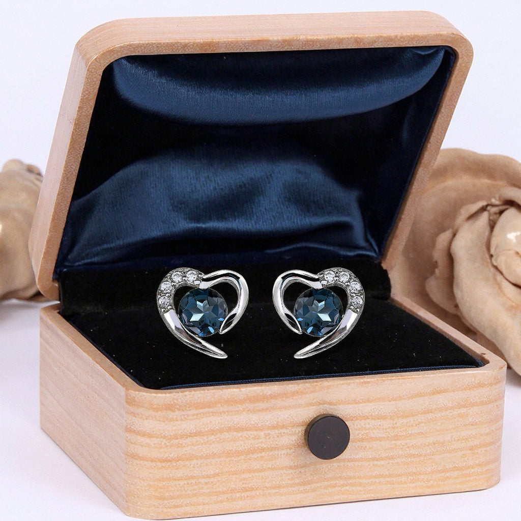 Elegant Rhodium Plated 925 Silver Jewelry Natural London Blue Topaz Heart Stud Earrings
