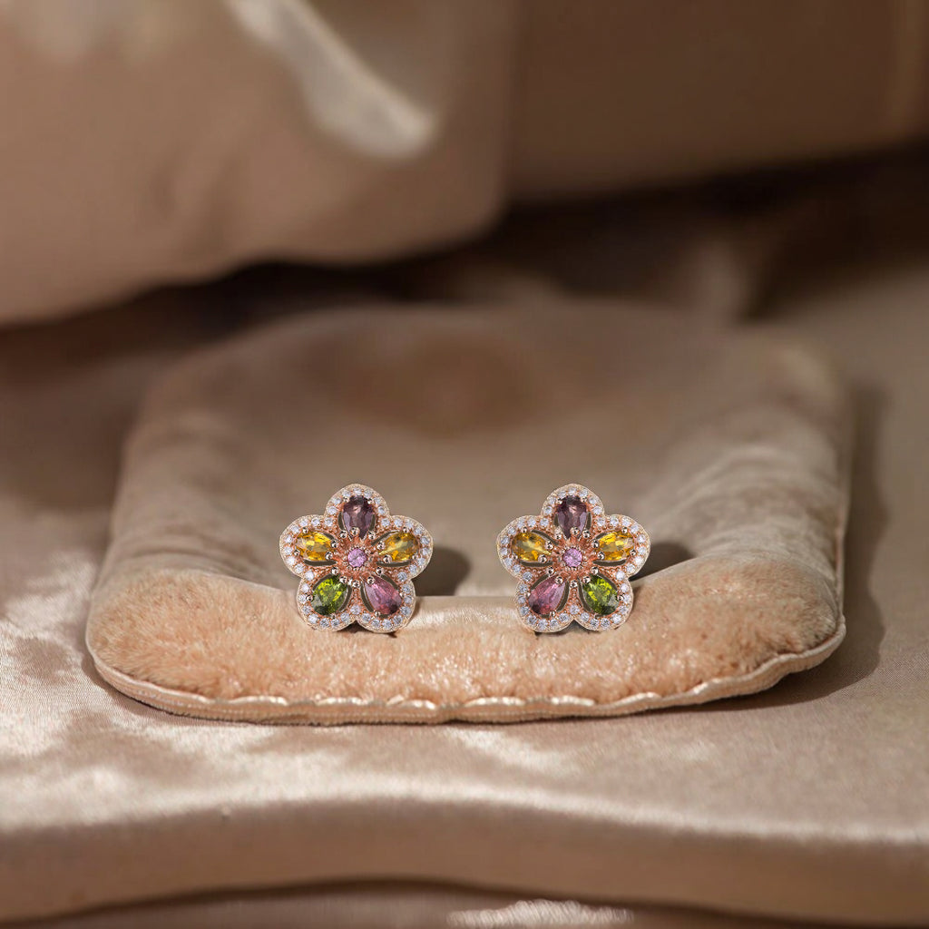 Gorgeous Rose Gold Plated 925 Sterling Silver Natural Tourmaline Flower Stud Earrings