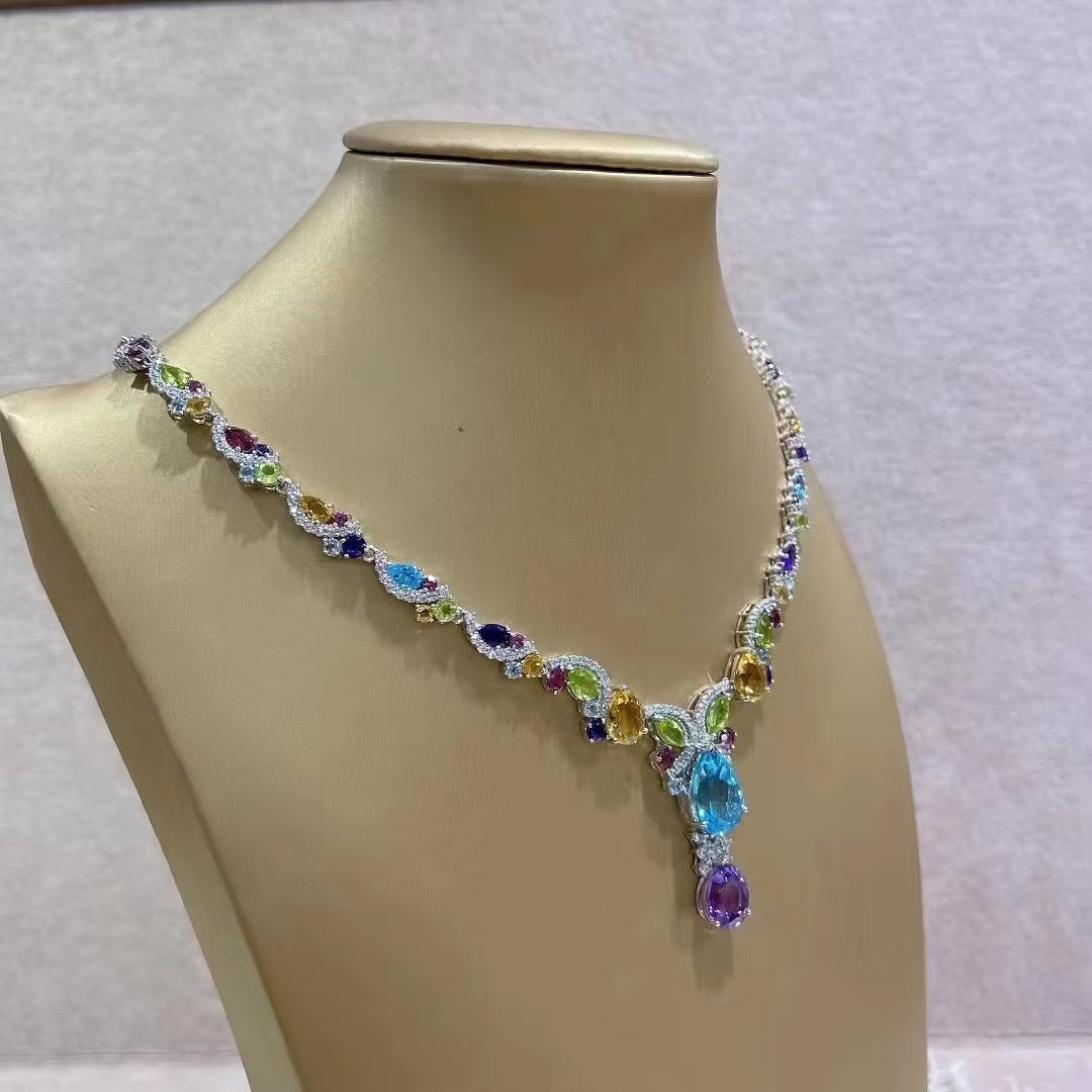 Luxurious Rhodium Plated Silver 925 Jewelry Multiple Natural Gemstone Necklace