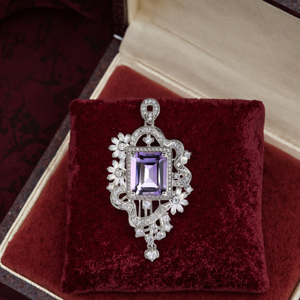 925 Sterling Silver Emerald Cut Natural Amethyst Pendant Delicate Rhodium Plated