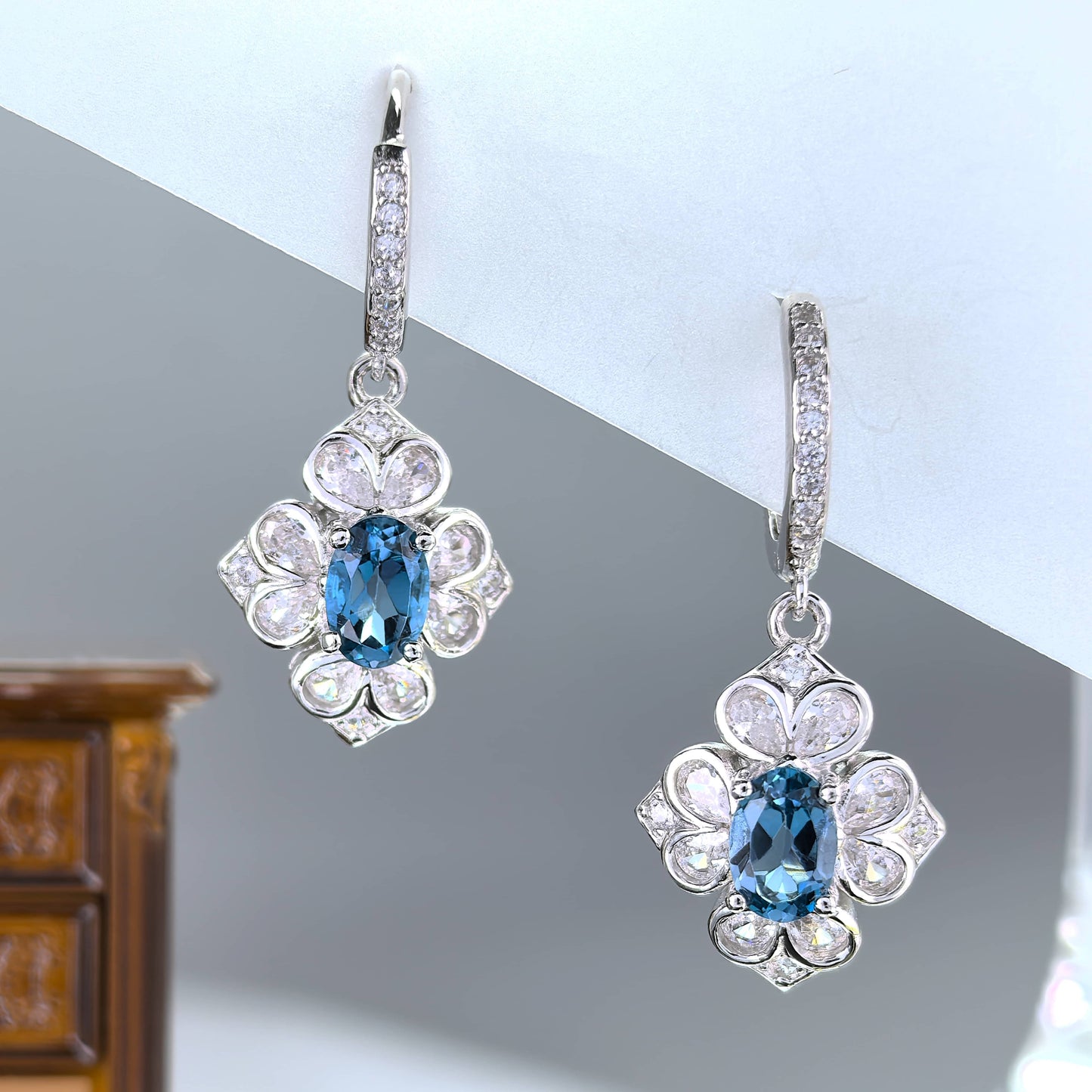 Exquisite Rhodium Plated Silver 925 Jewelry Natural London Blue Topaz Drop Earrings