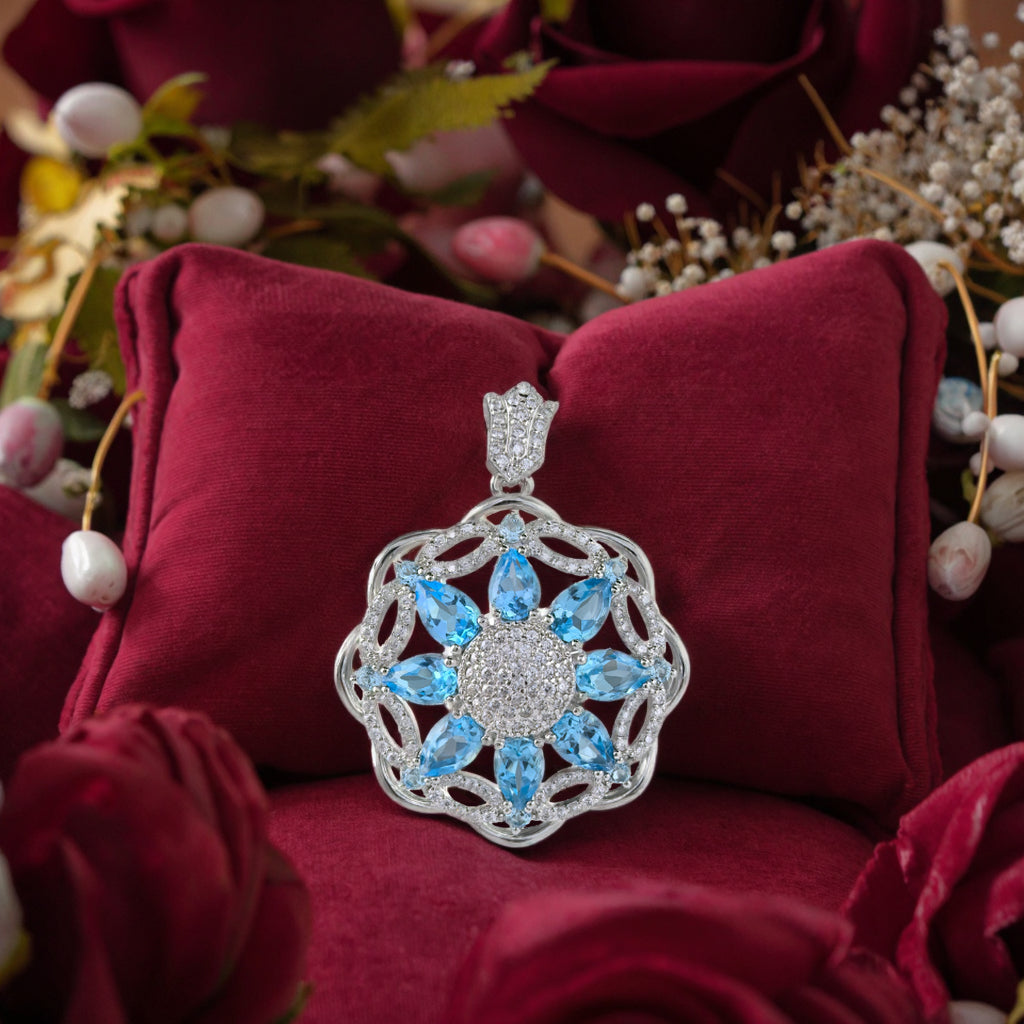Delicate Rhodium Plated 925 Sterling Silver Natural Swiss Blue Topaz Flower Pendant
