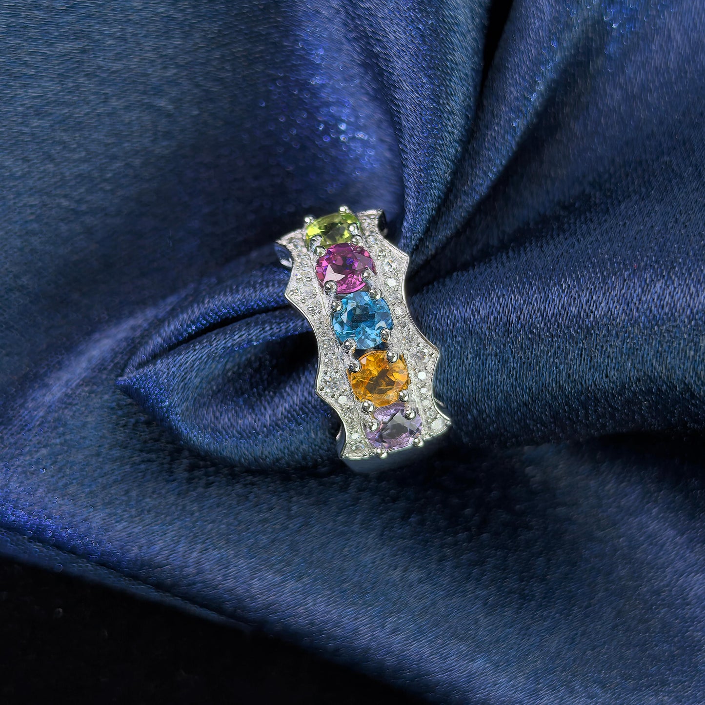 Charming Rhodium Plated 925 Silver Jewelry Multiple Natural Gemstone Ring