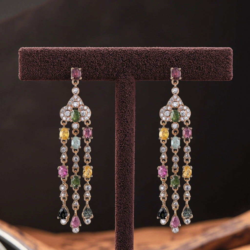 Precious Rose Gold Plated 925 Sterling Silver Natural Tourmaline Long Drop Earrings