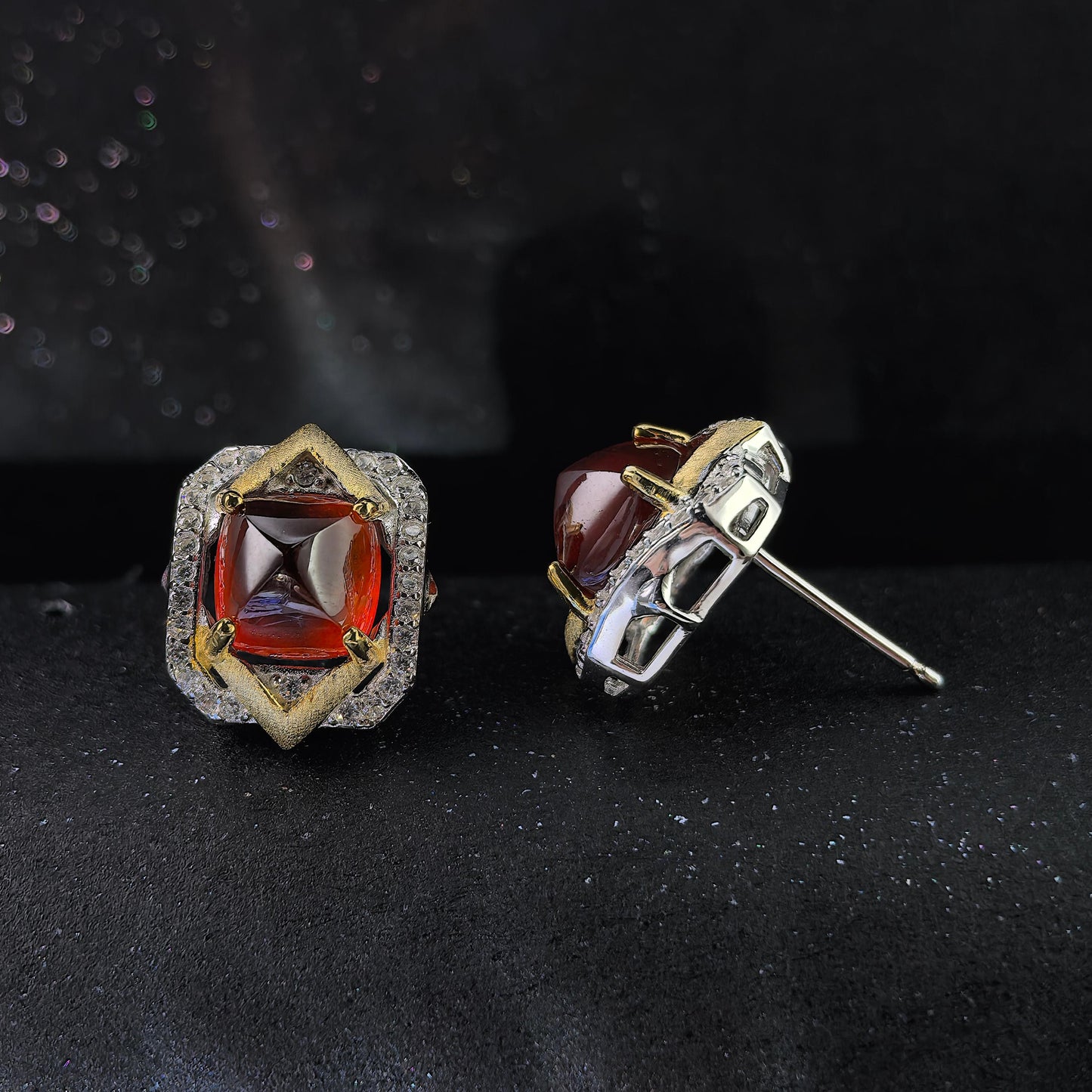 Charming Dual Color Plated 925 Silver Natural Mandarin Garnet Stud Earrings