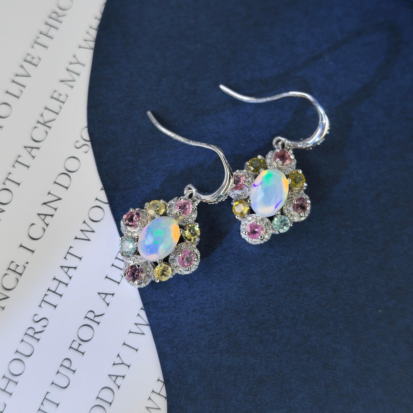 Delicate Rhodium Plated 925 Silver Jewelry Natural Opal Flower Drop Earrings
