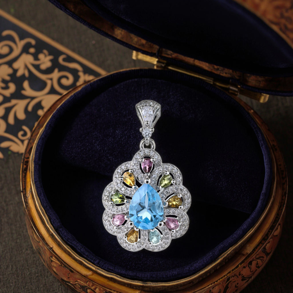 Gorgeous Rhodium Plated 925 Silver Natural Swiss Blue Topaz Pendant