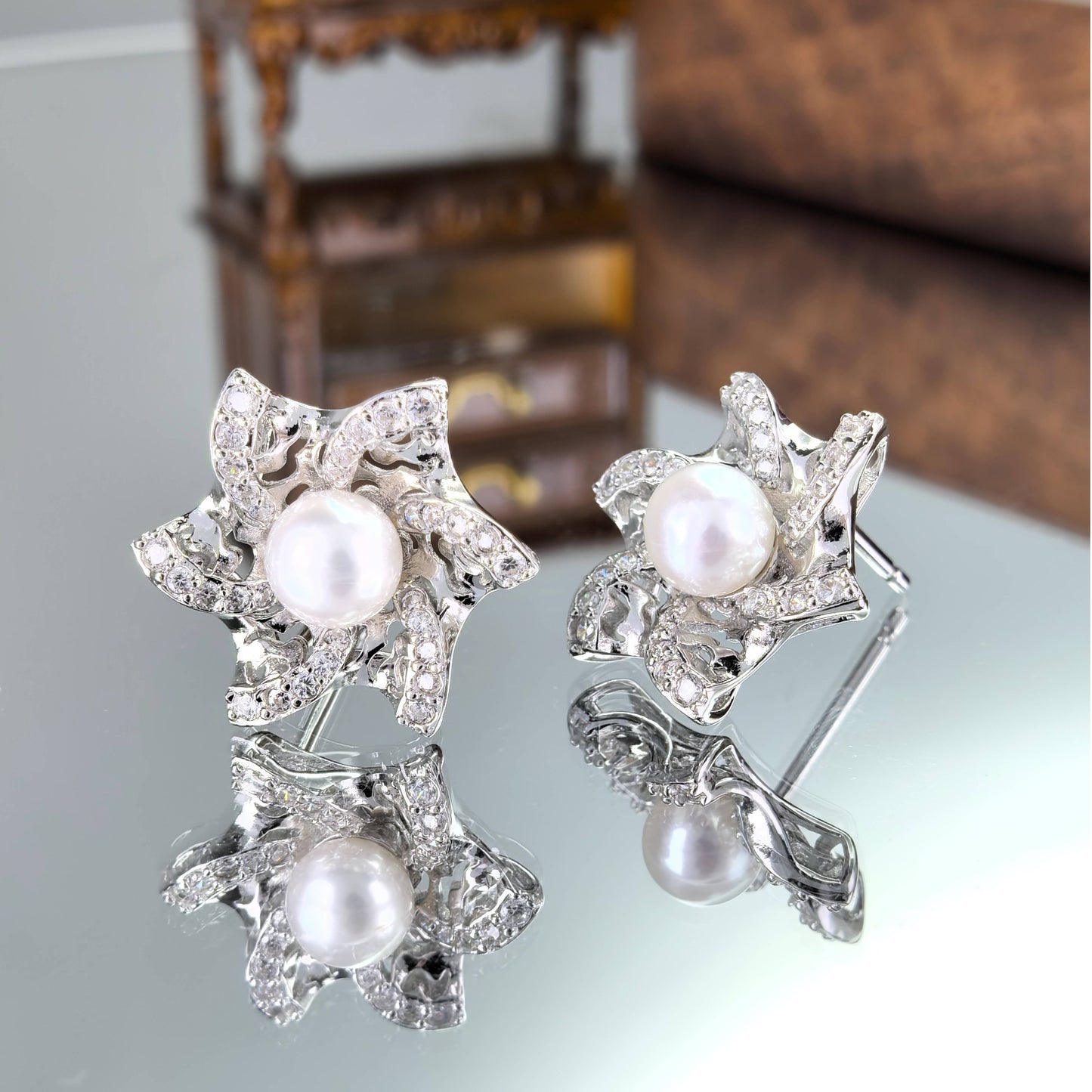925 Sterling Silver Freshwater Pearl Hexagram Jewelry Set Rhodium Plated