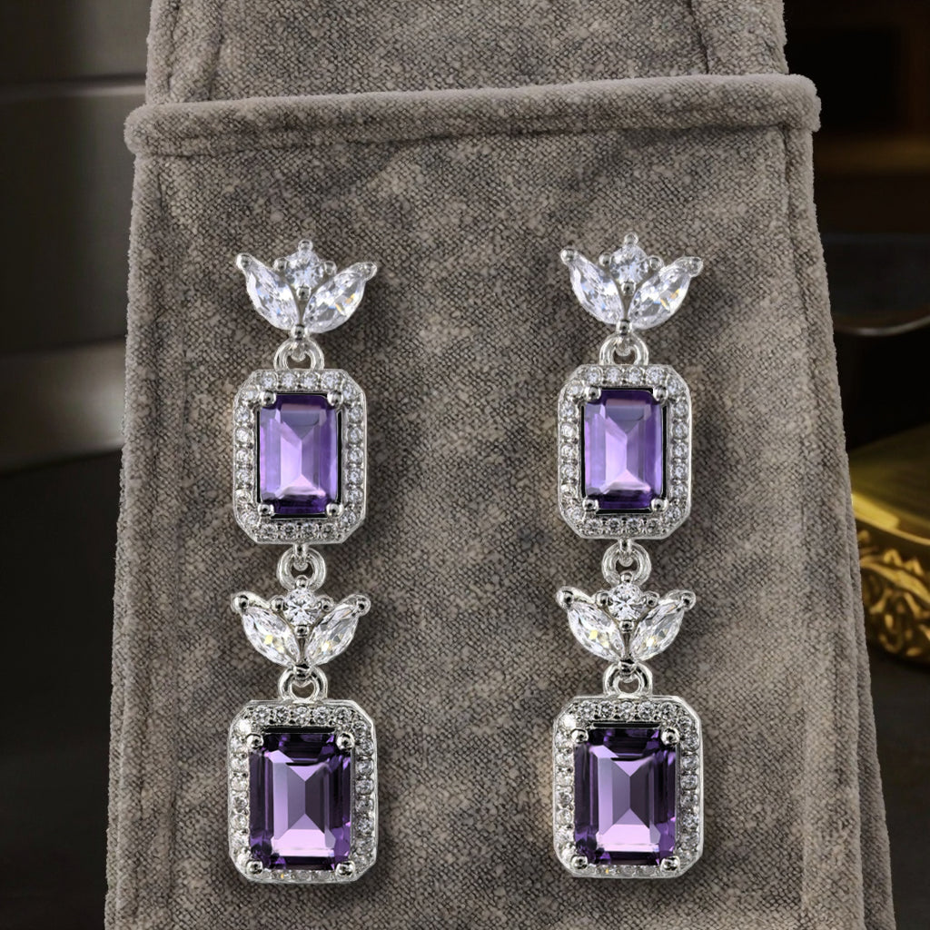 Graceful Rhodium Plated S925 Silver Jewelry Natural Amethyst Drop Earrings
