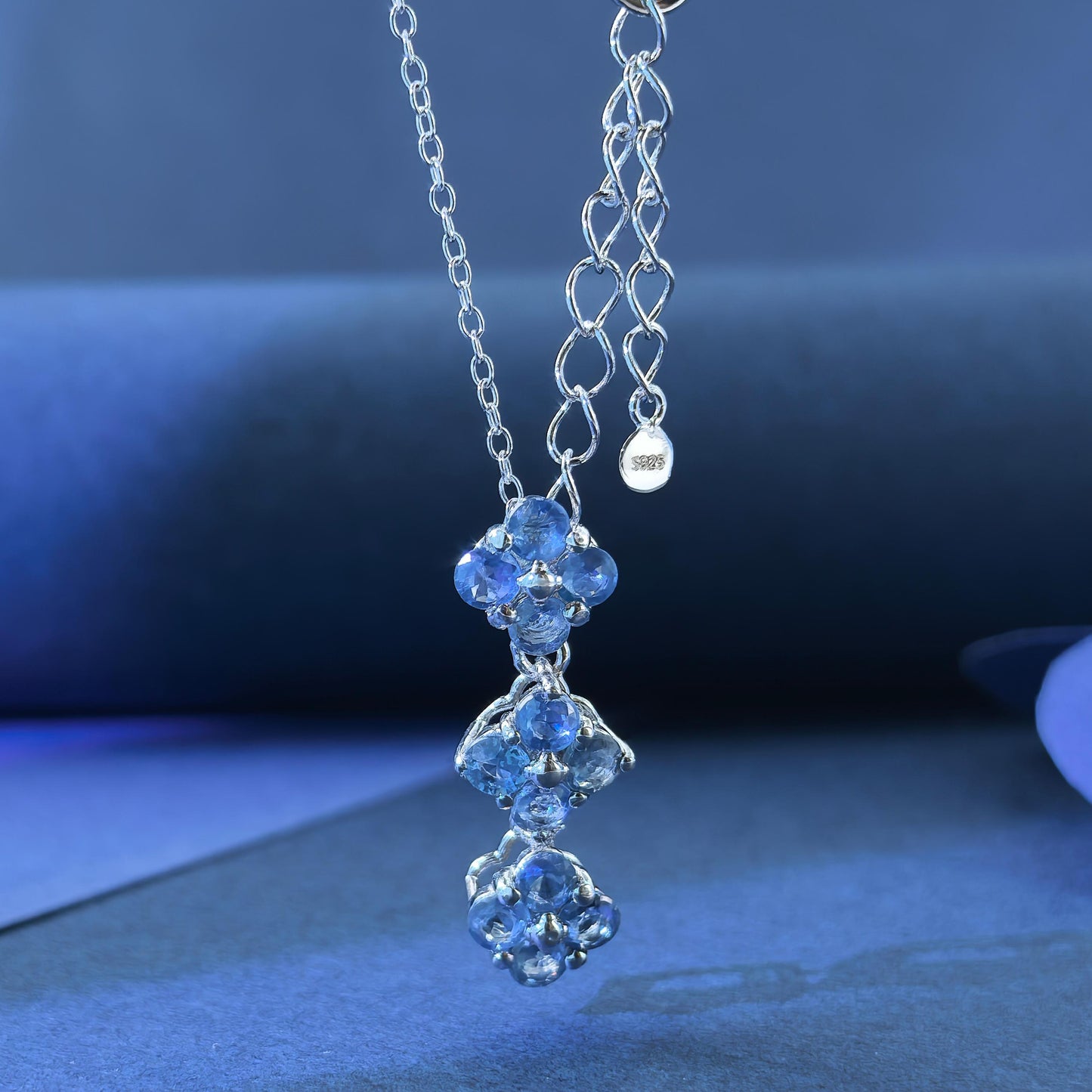 Delicate Rhodium Plated Silver 925 Natural Sapphire Four Leaf Clover Necklace