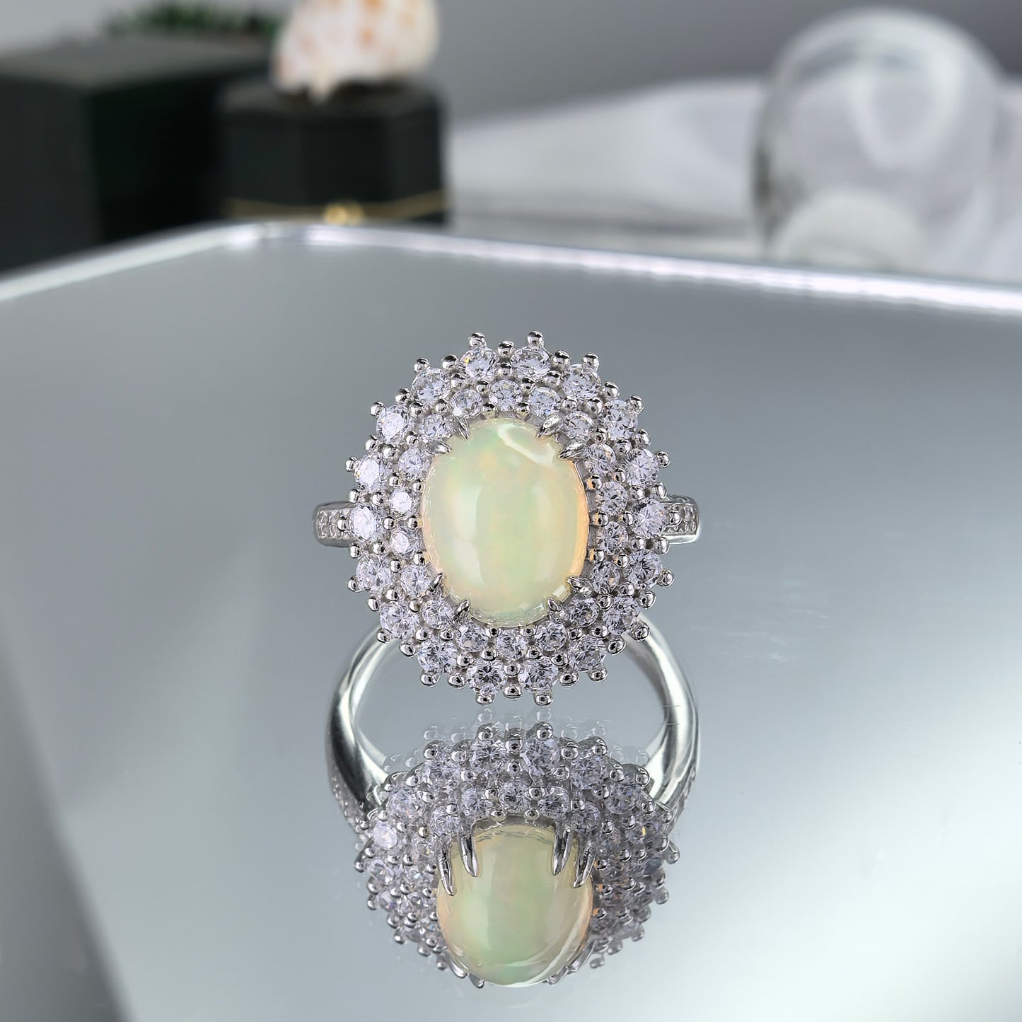 Exquisite Rhodium Plated Silver 925 Jewelry Natural Opal Ring