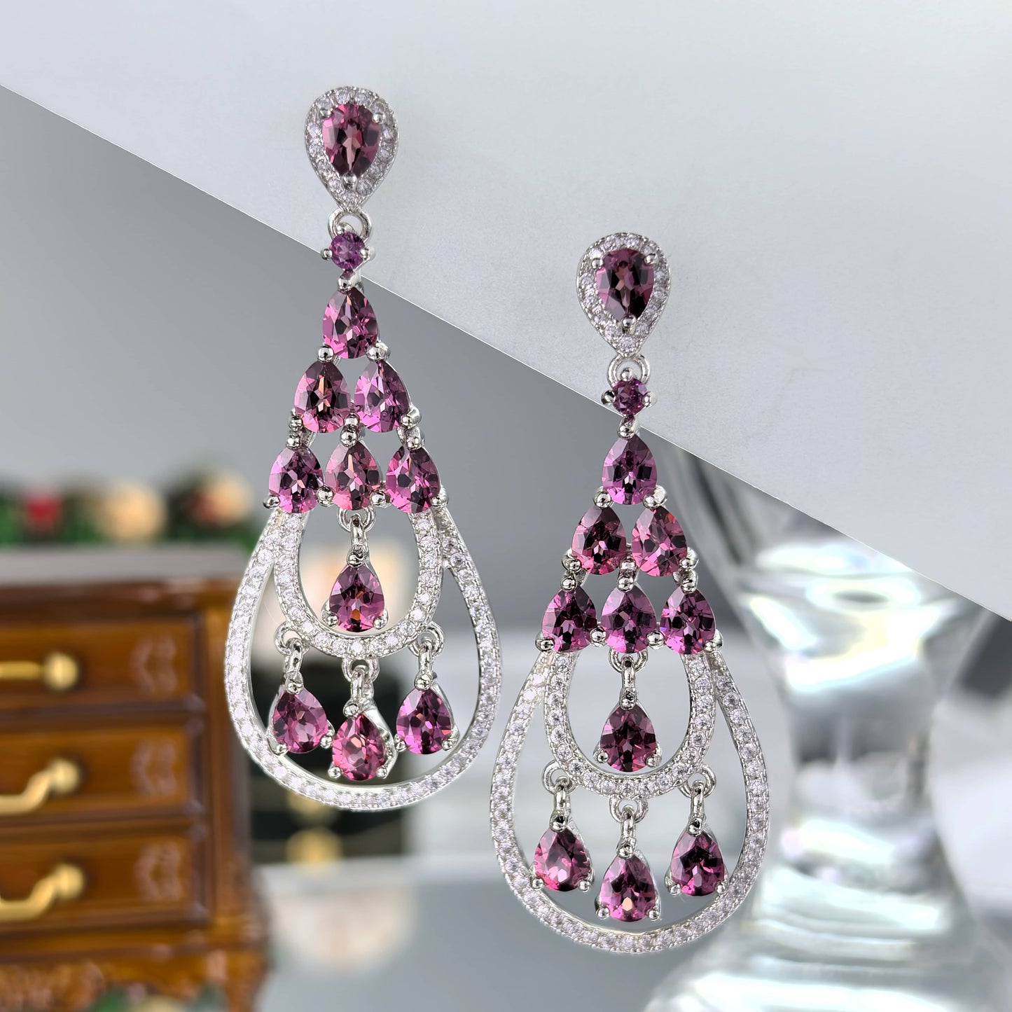 Exquisite Rhodium Plated 925 Silver Jewelry Natural Pyrope Drop Earrings