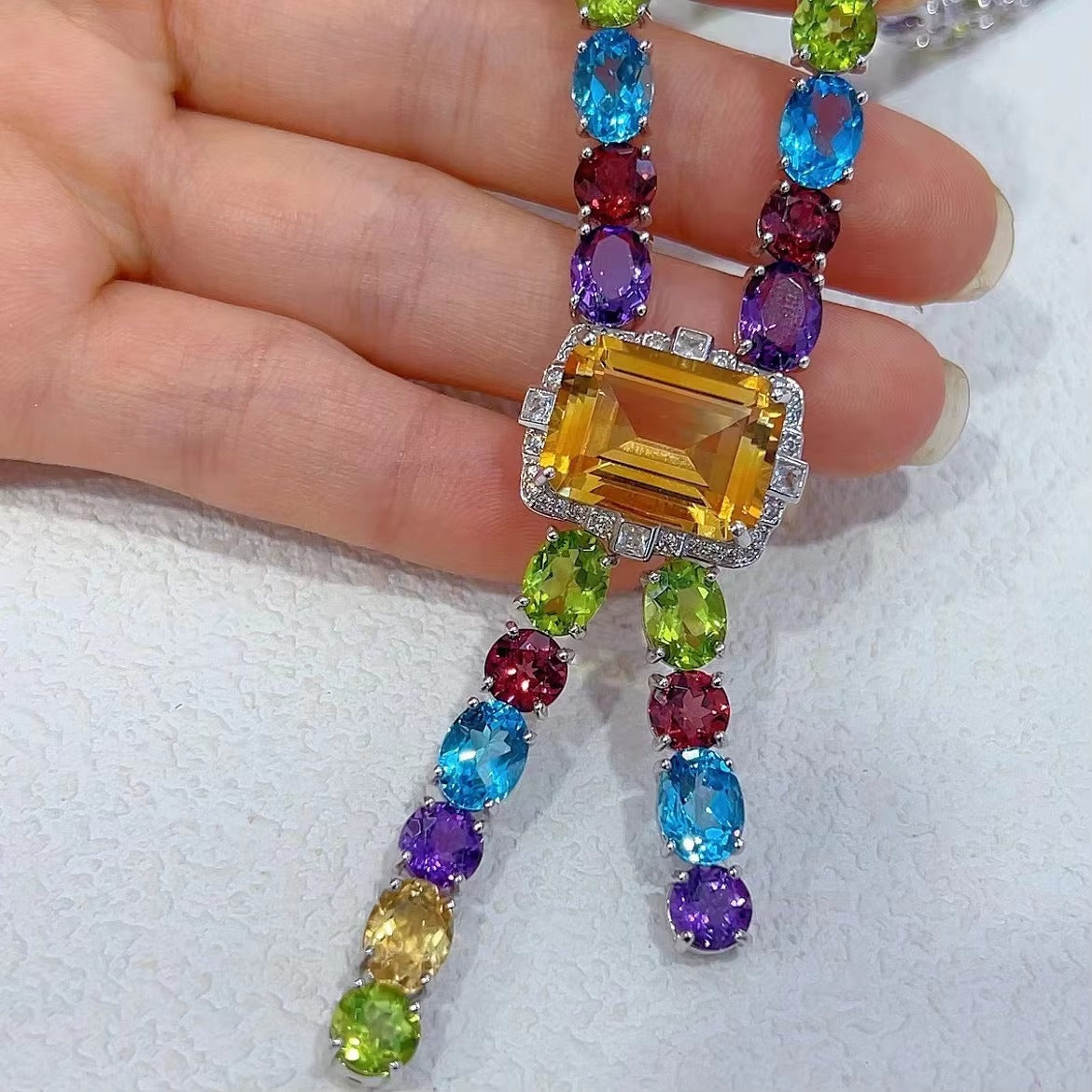 Luxurious Rhodium Plated Silver 925 Jewelry Multiple Natural Gemstone Necklace