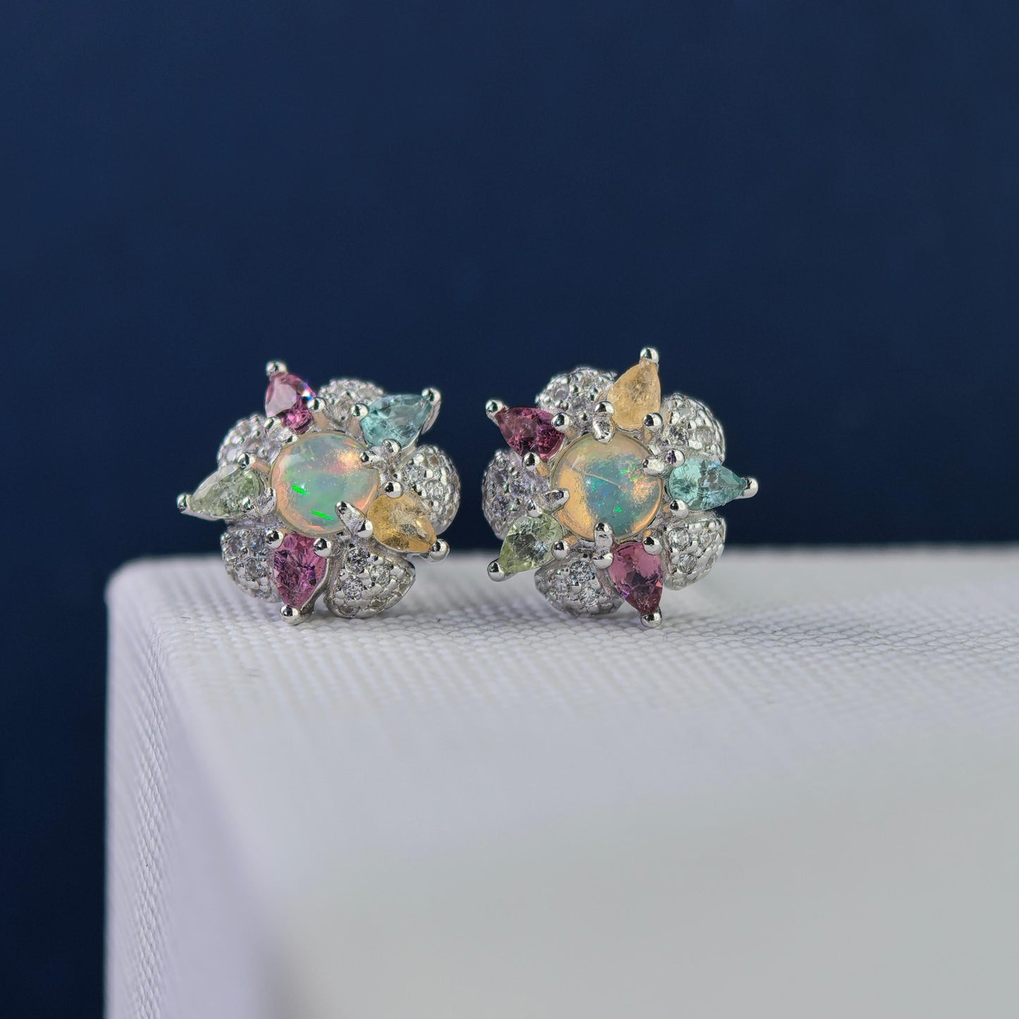 Elegant Rhodium Plated 925 Silver Jewelry Natural Opal Flower Stud Earrings