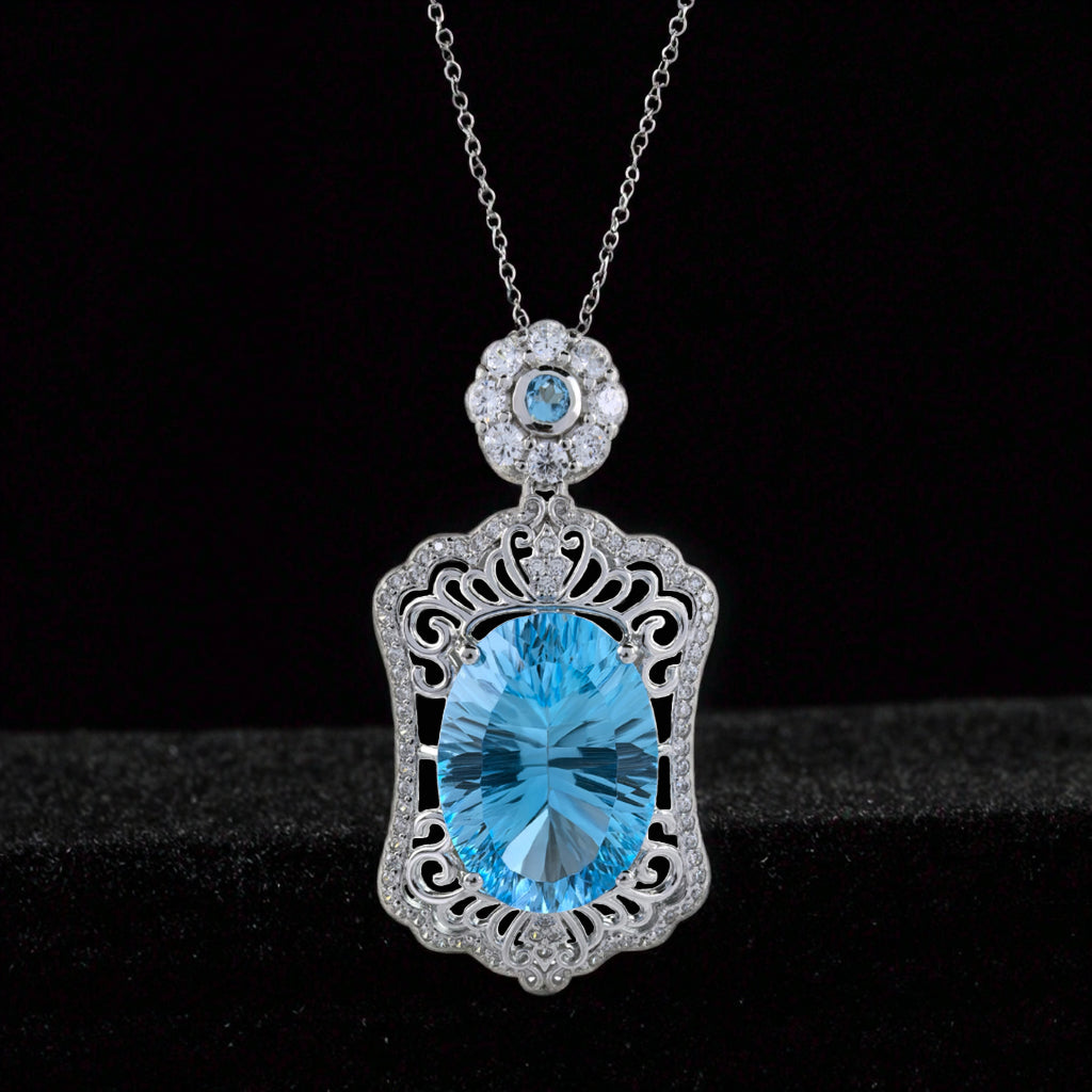 Vintage 925 Sterling Silver for Swiss Blue Topaz Pendant Rhodium Plated