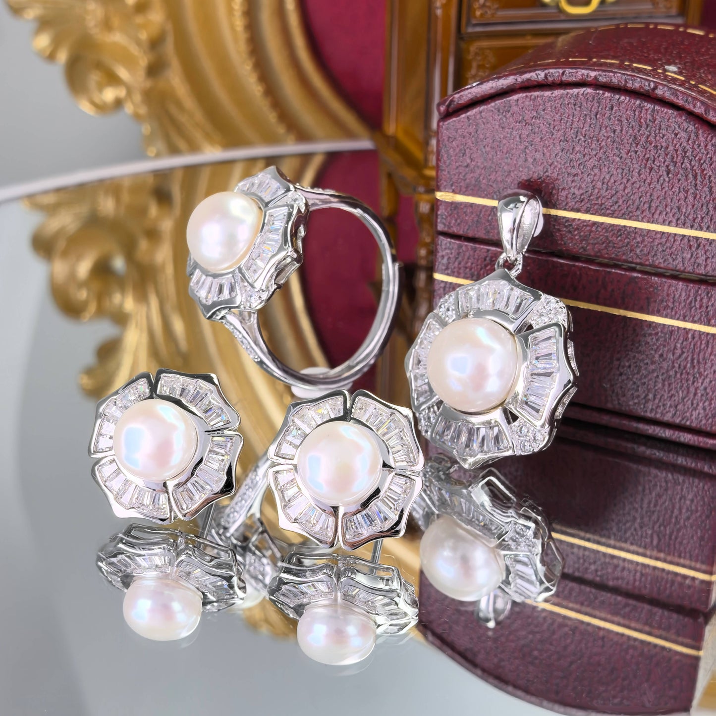 Delicate Rhodium Plated 925 Sterling Silver Freshwater Pearl Jewelry Set