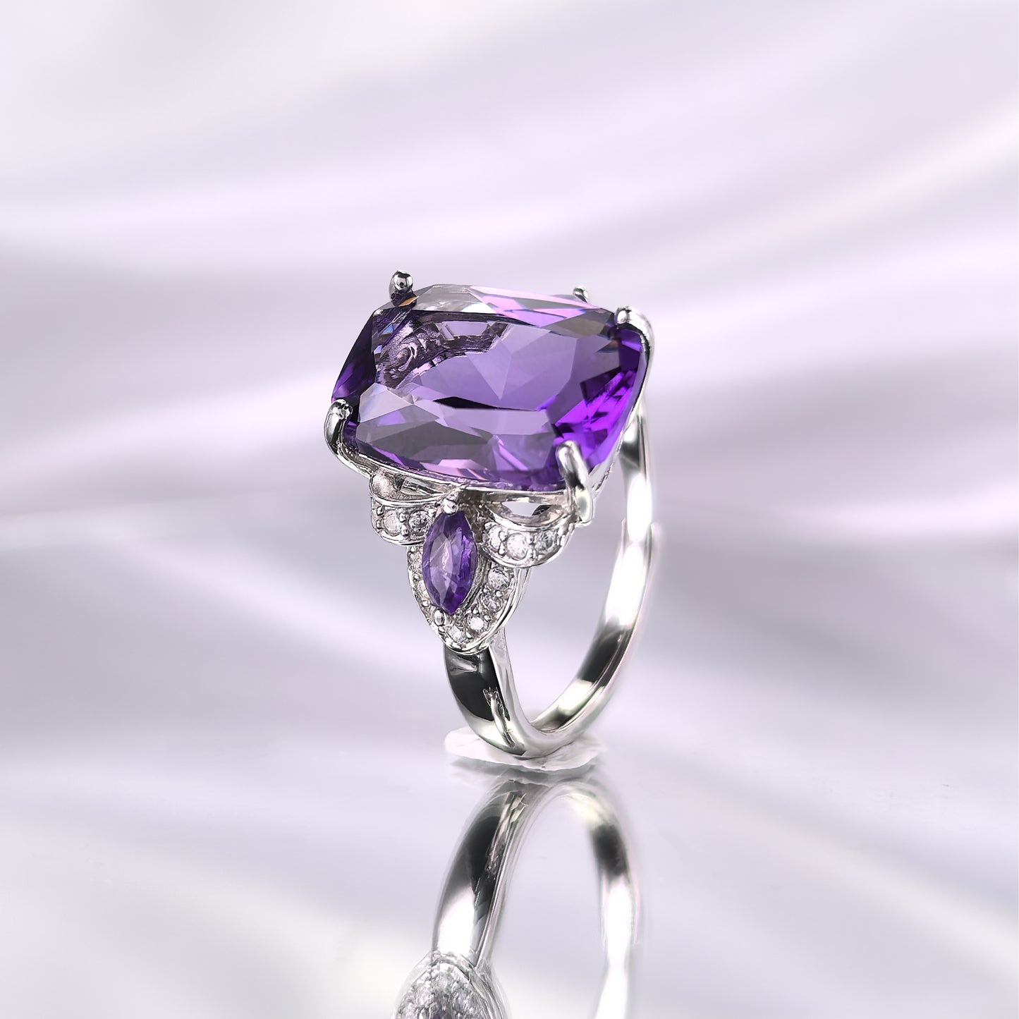 Silver 925 Jewelry Ring Precious Rhodium Plated with Natural Amethyst