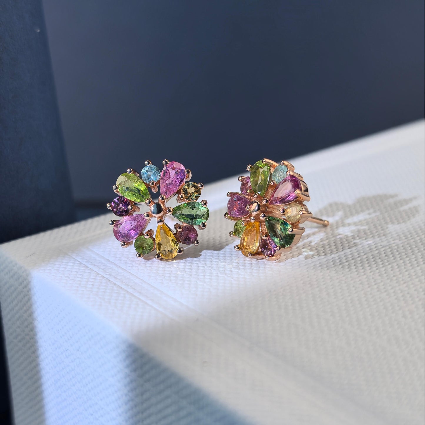 Rose Gold Plated 925 Silver Natural Tourmaline Flower Stud Earrings