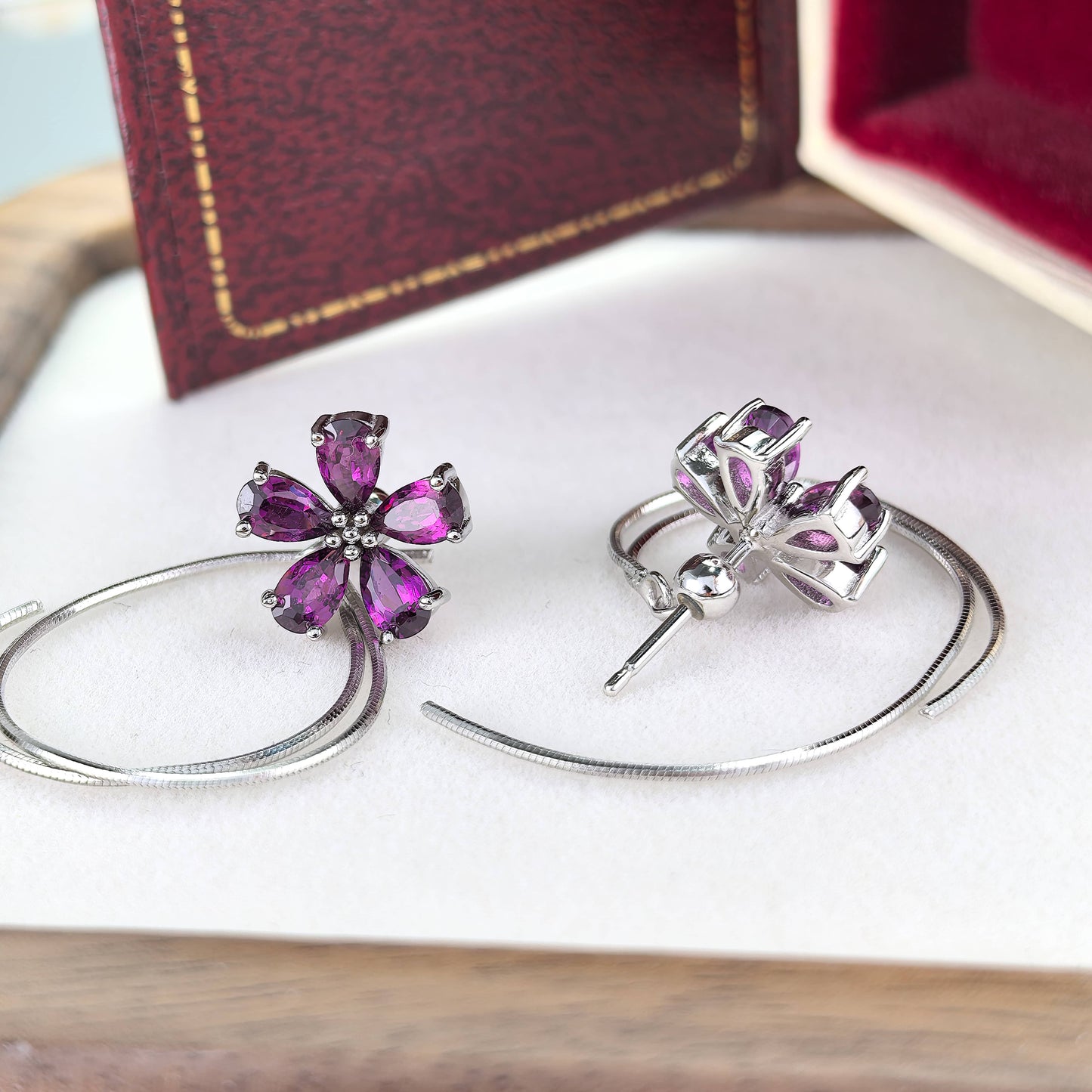 Charming Rhodium Plated S925 Silver Pyrope Flower Stud Earrings