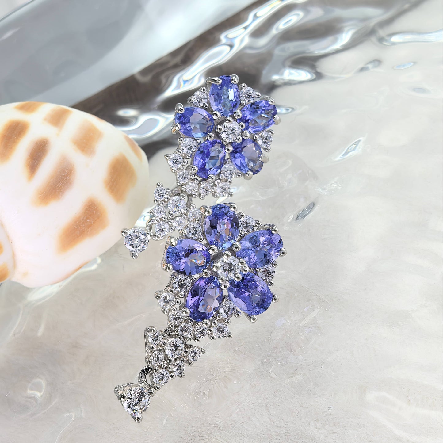 Sparkling Rhodium Plated 925 Silver Natural Tanzanite Flower Drop Earrings