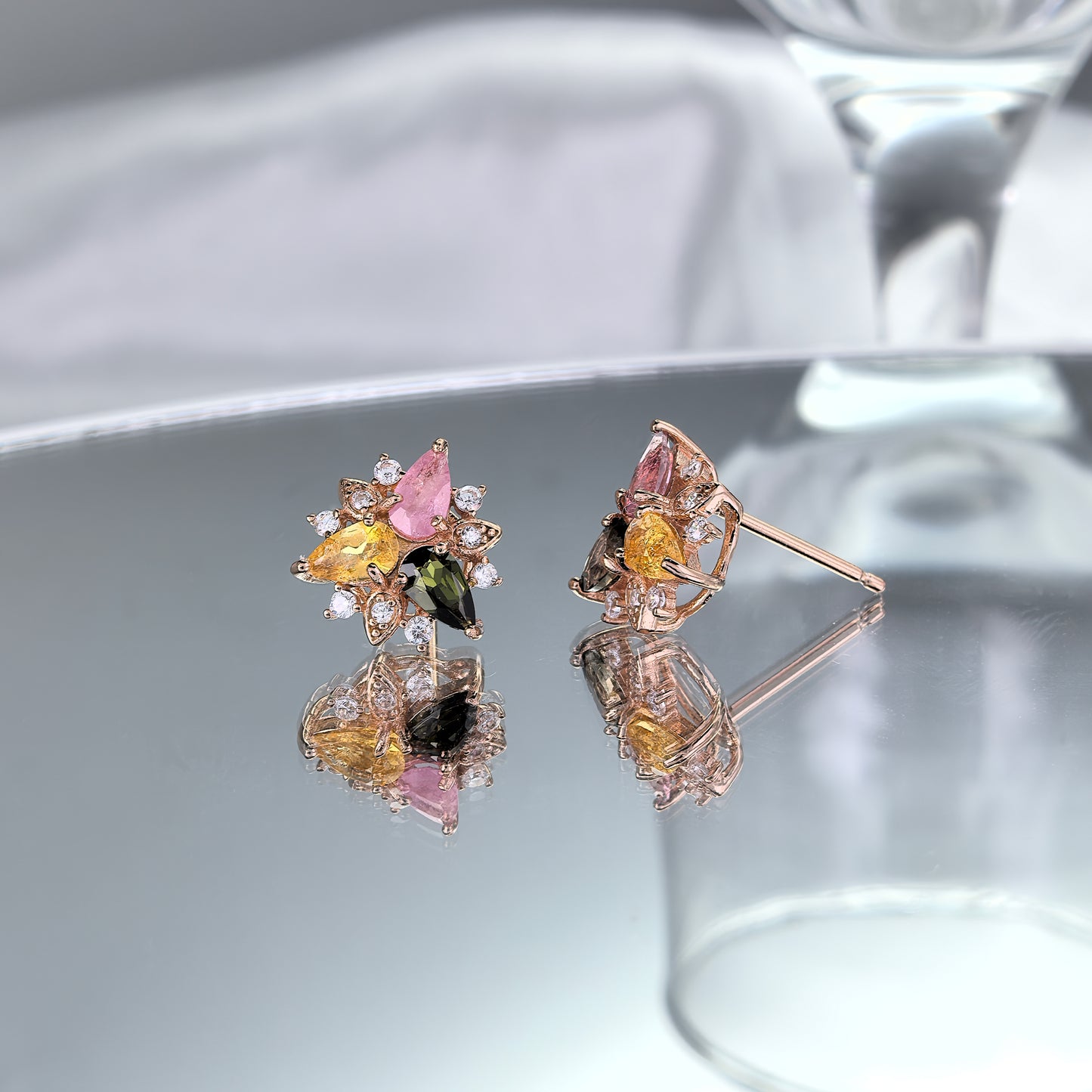 Rose Gold Plated Silver 925 Jewelry Natural Tourmaline Flower Stud Earrings