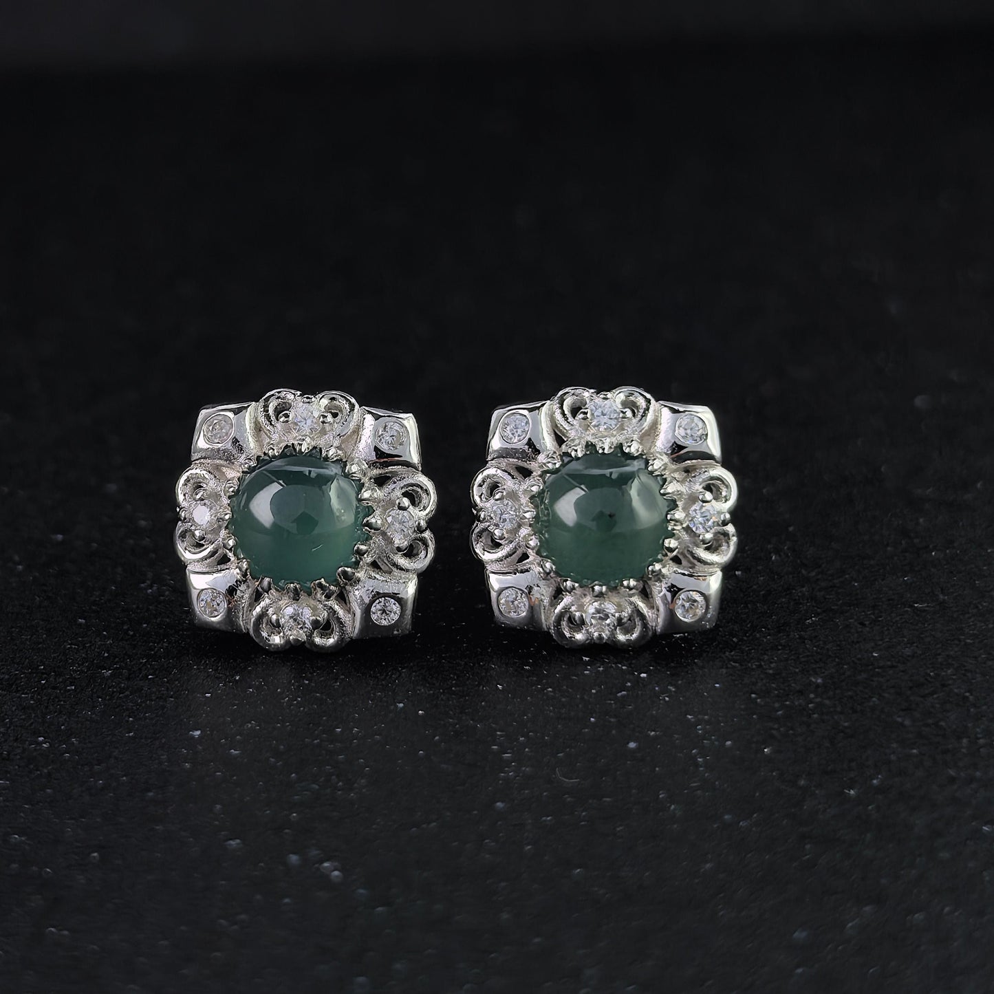 Delicate Rhodium Plated 925 Silver Jewelry Natural Jadeite Flower Stud Earrings