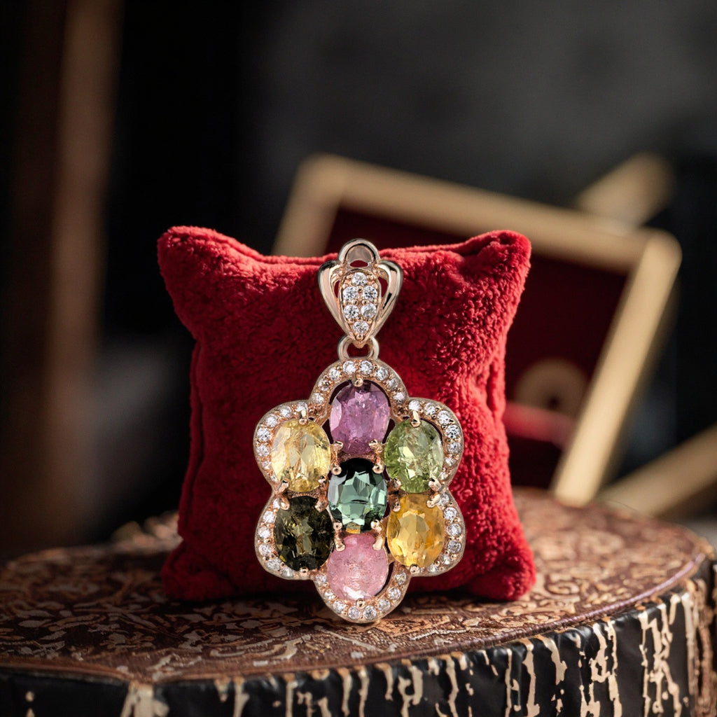 Elegant Rose Gold Plated 925 Sterling Silver Natural Tourmaline Flower Pendant