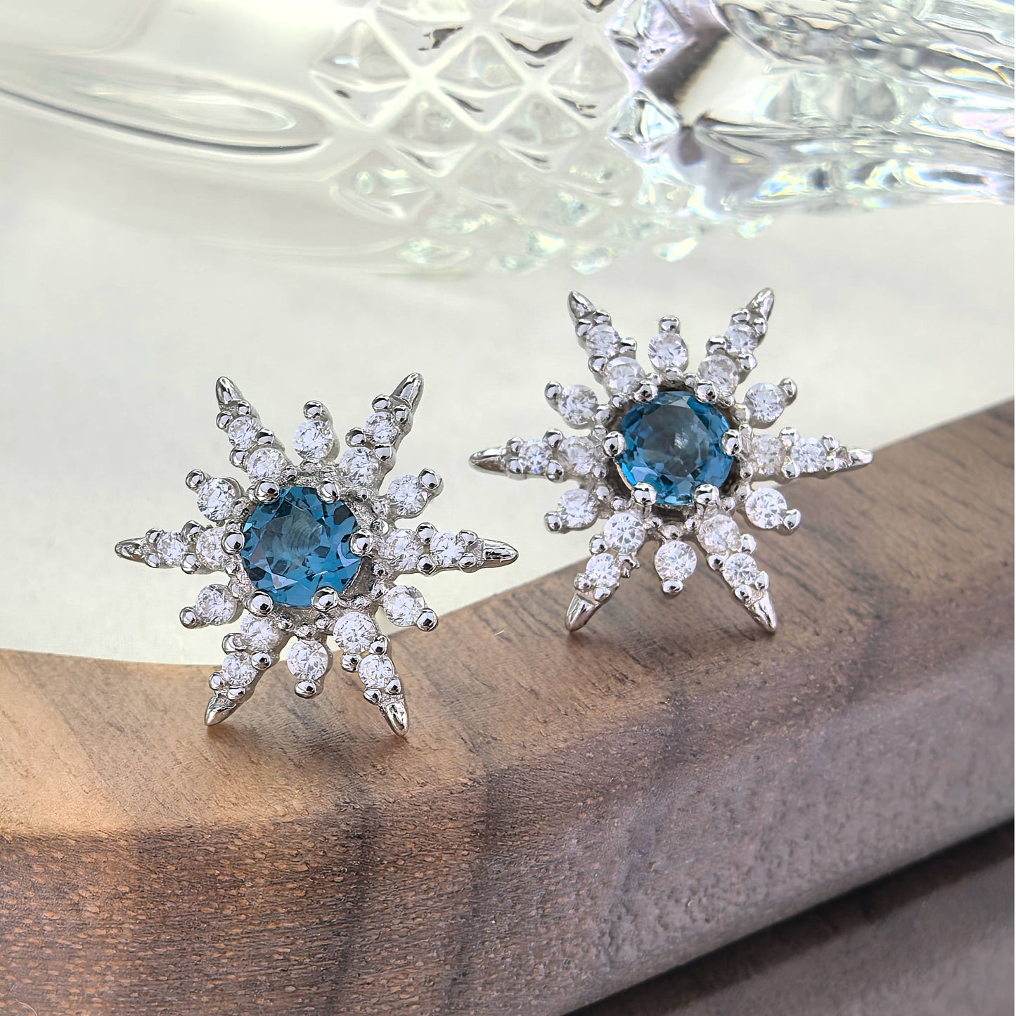 Sparkling Rhodium Plated Silver 925 Natural London Blue Topaz Snowflake Stud Earrings