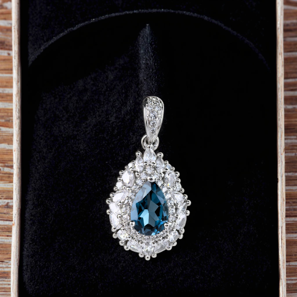 Elegant Rhodium Plated 925 Sterling Silver Natural London Blue Topaz Pendant