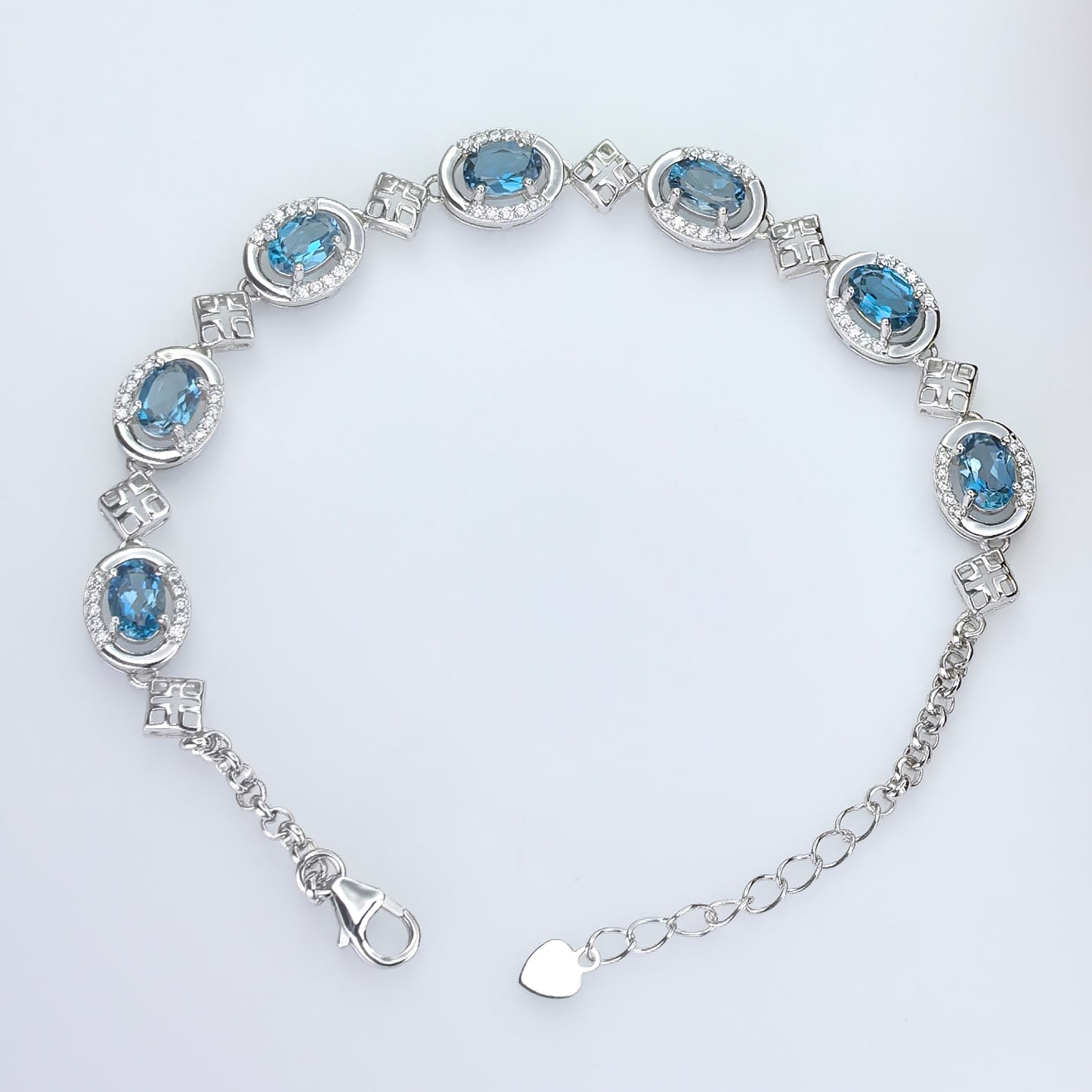 Exquisite Rhodium Plated 925 Silver Bracelet with Natural London Blue Topaz