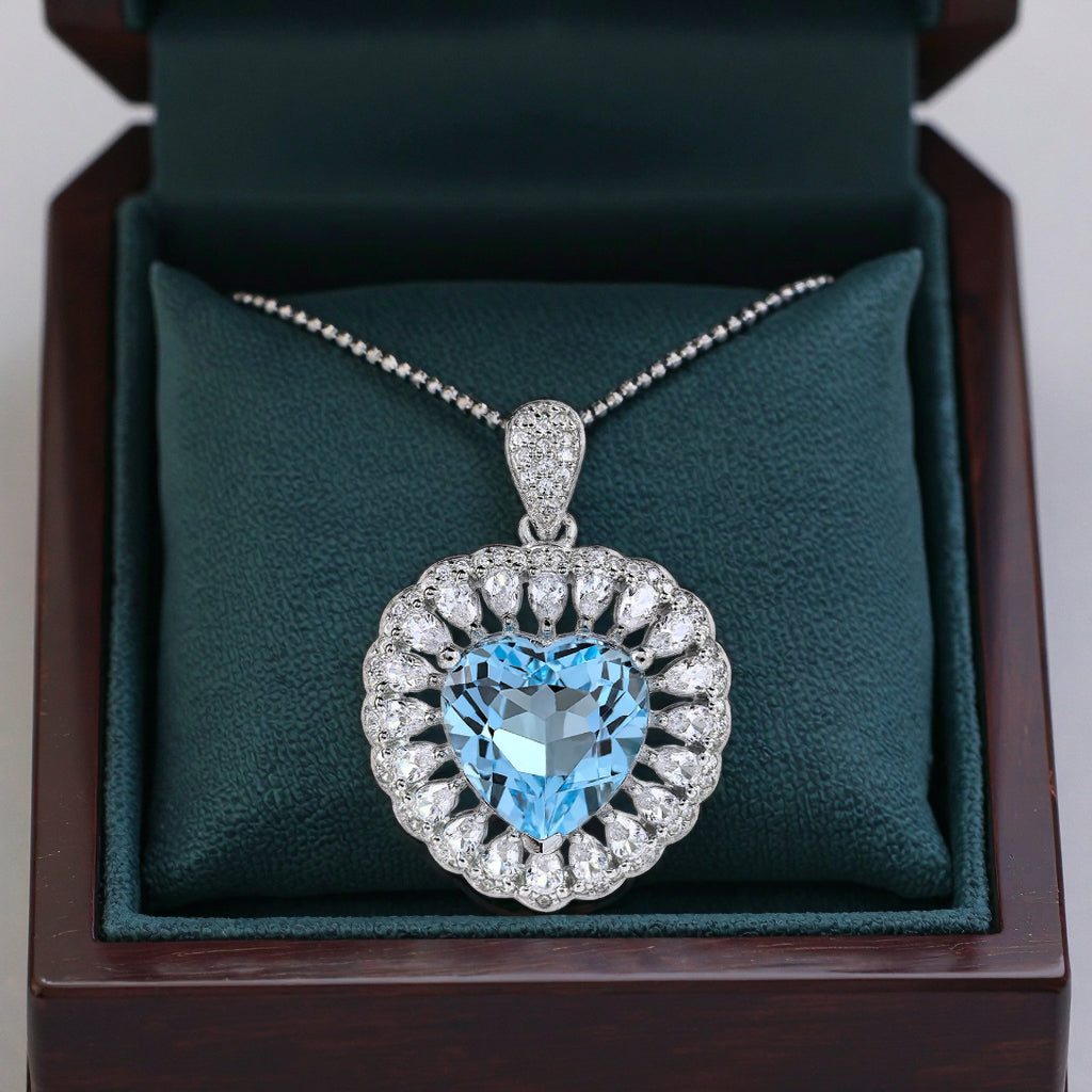 Romantic Rhodium-Plated 925 Sterling Silver Heart Pendant Natural Sky Blue Topaz