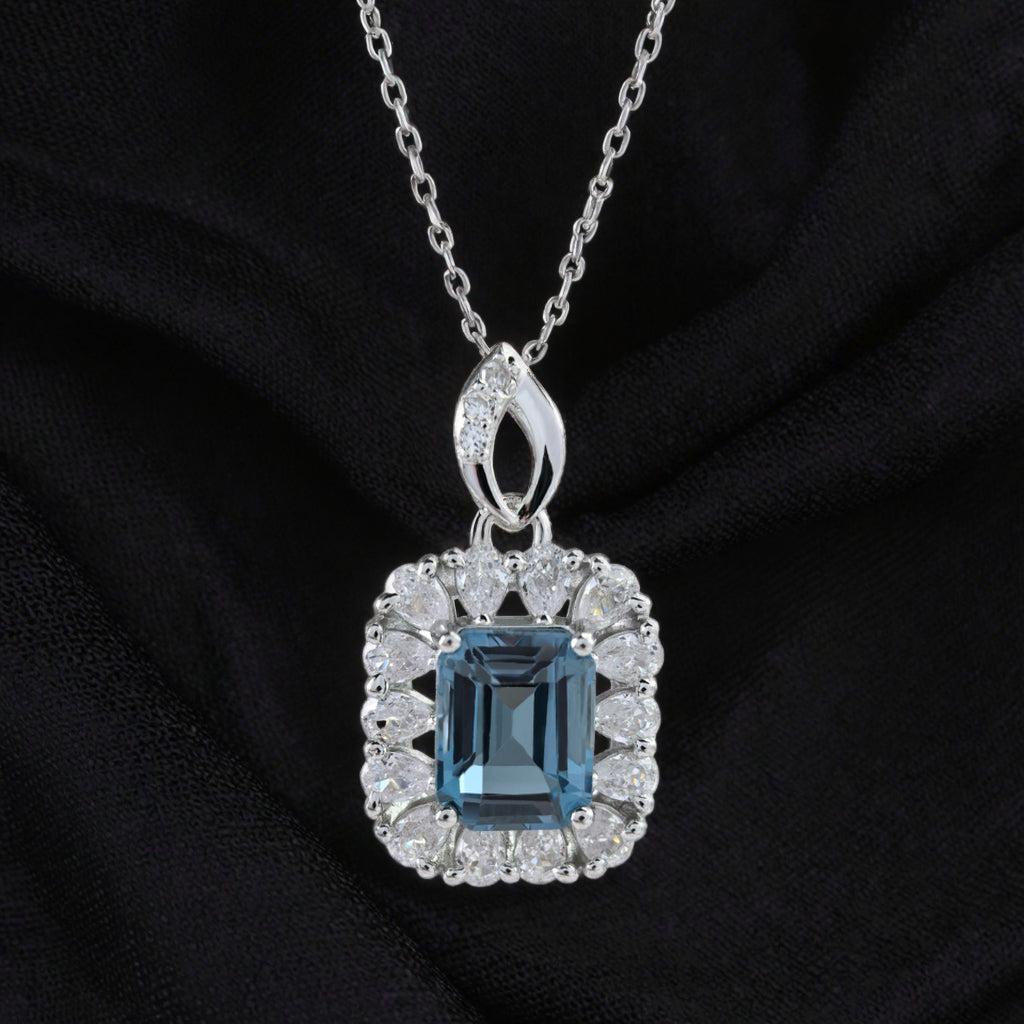 Dazzling Rhodium Plated 925 Sterling Silver Natural London Blue Topaz Pendant