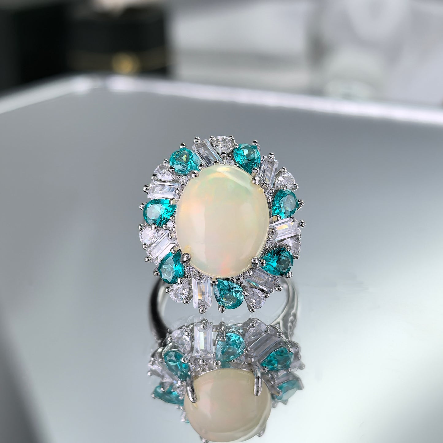 Dazzling Rhodium Plated Silver 925 Jewelry Natural Opal Ring