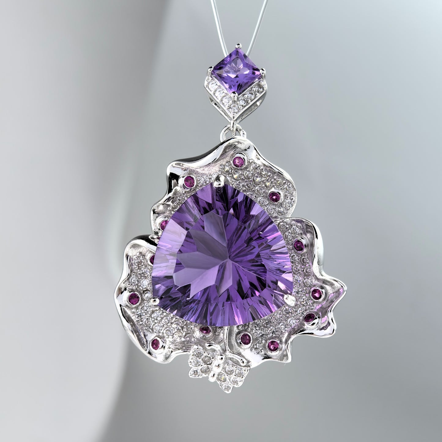 Graceful Rhodium Plated 925 Sterling Silver Natural Amethyst Flower Jewelry Set