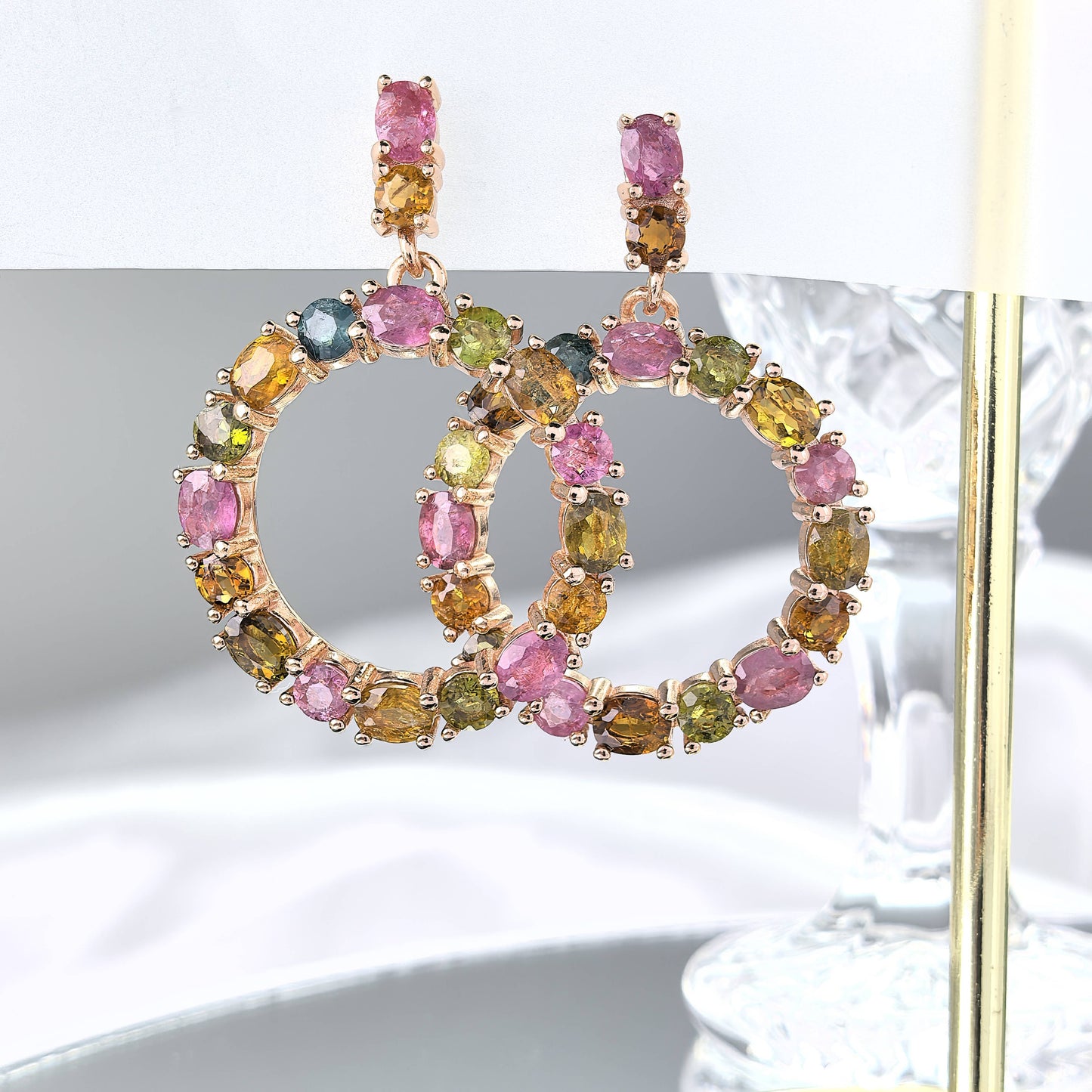 Special Rose Gold Plated S925 Silver Natural Tourmaline Circle Drop Statement Earrings
