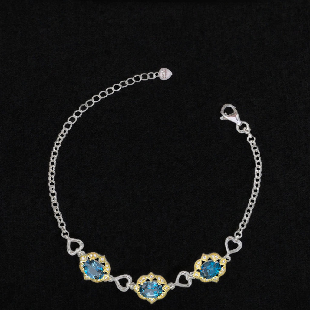 Dual Color Plated Heart Shaped 925 Silver Natural London Blue Topaz Bracelet