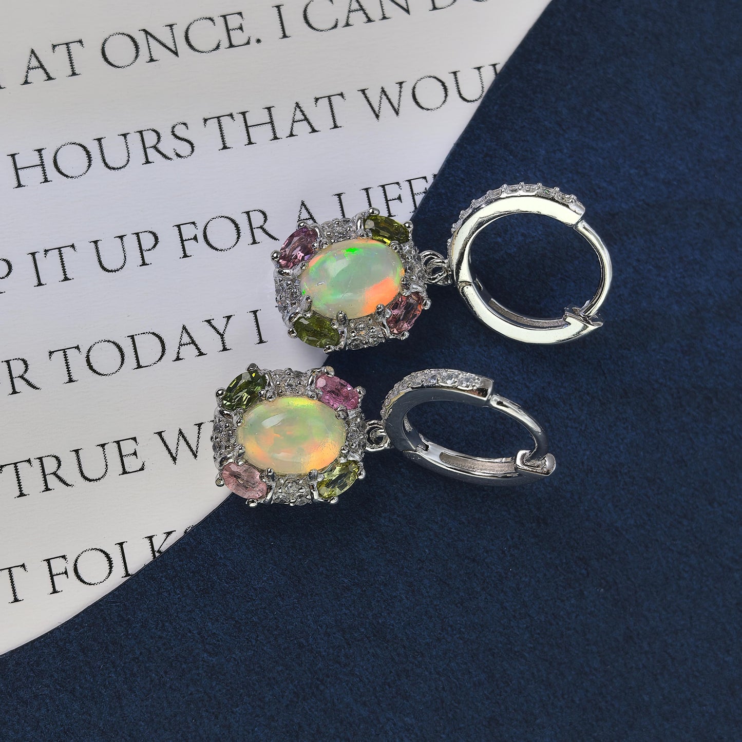 Delicate Rhodium Plated 925 Silver Jewelry Natural Opal Drop Earrings