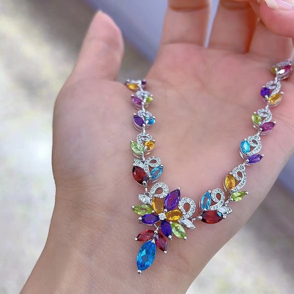 Luxurious Rhodium Plated Silver 925 Jewelry Multiple Natural Gemstone Necklace