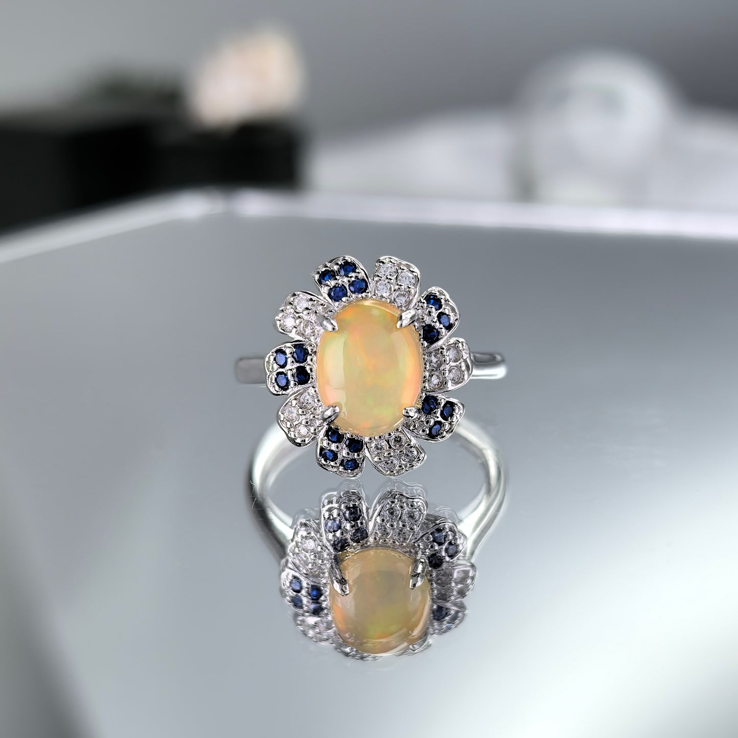Delicate Rhodium Plated Silver 925 Jewelry Natural Opal Flower Ring