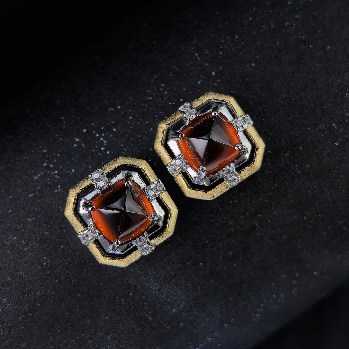 Vintage Dual Color Plated 925 Silver Jewelry Natural Mandarin Garnet Stud Earrings