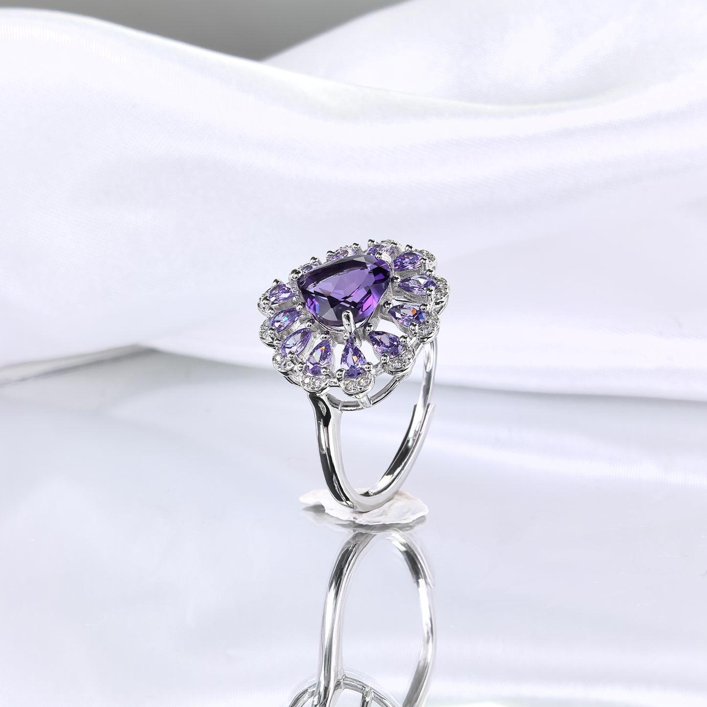 Elegant Rhodium Plated Plata 925 Jewelry Natural Amethyst Heart Ring