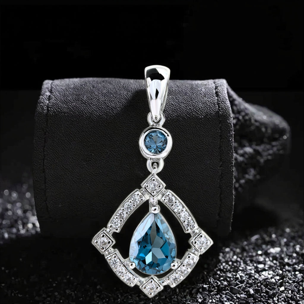 Elegant Rhodium Plated 925 Sterling Silver Natural London Blue Topaz Pendant