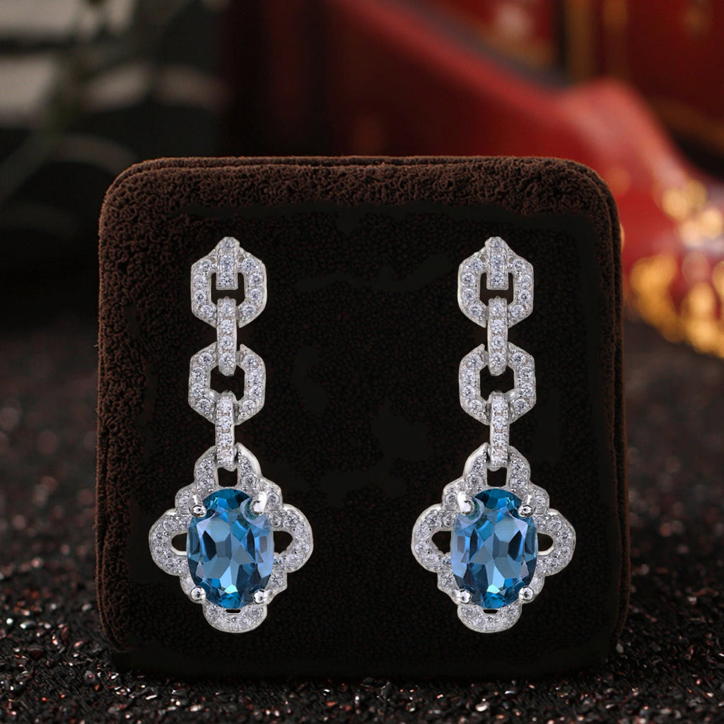 Elegant 925 Silver Rhodium Plated Geometric London Blue Topaz Drop Earrings
